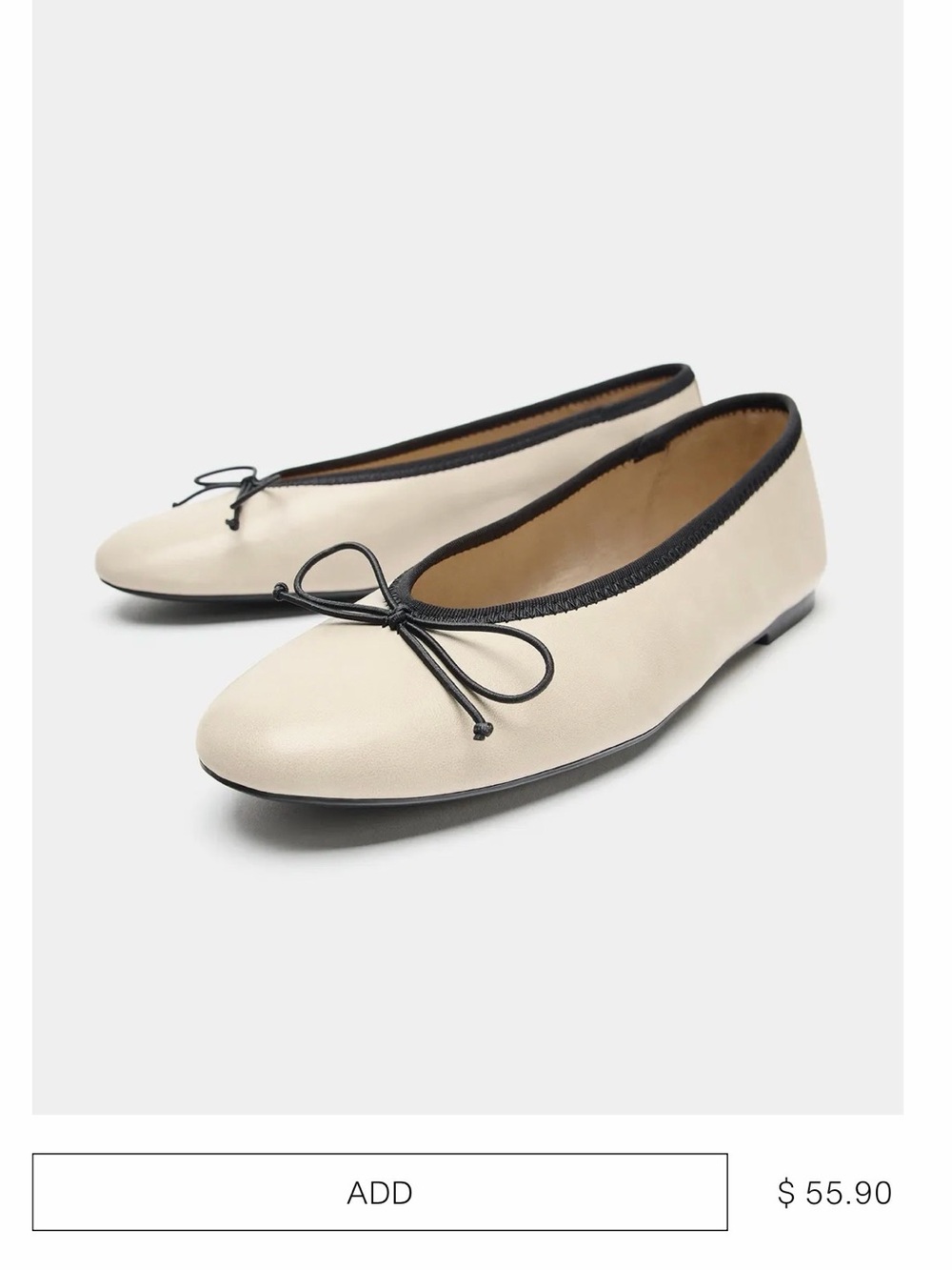 Zara Cream Ballet Flats with Black Trim and Bow